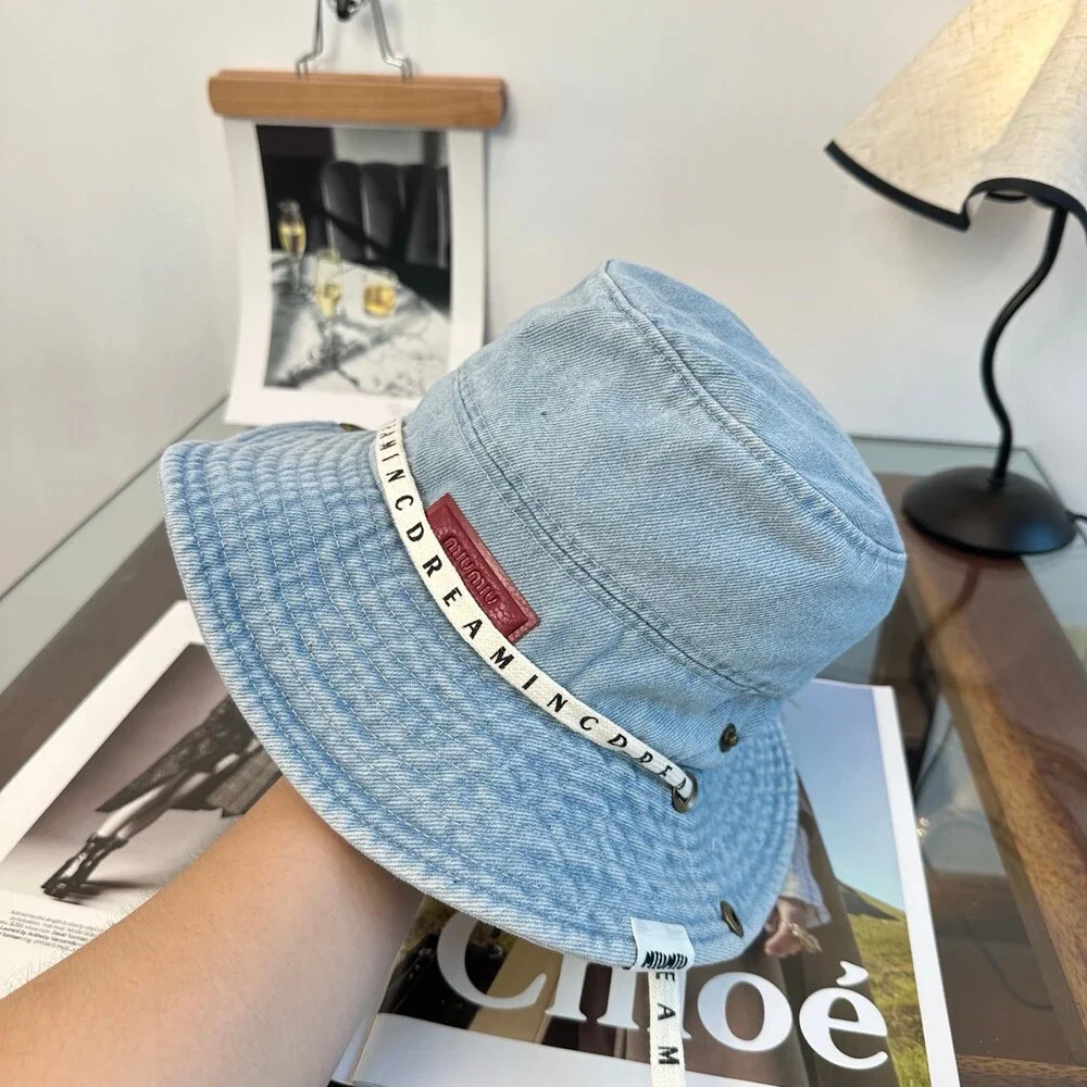 Miu Miu Light Wash Denim Letter Strap Bucket Hat